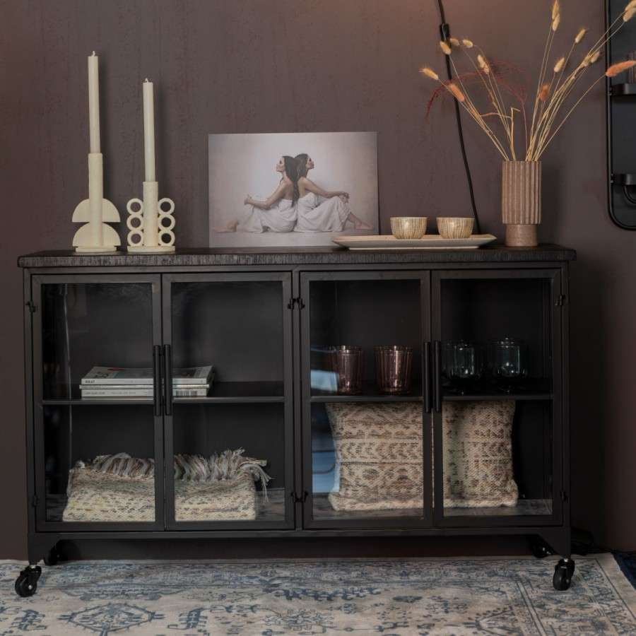 Ferre Iron Sideboard Black Metal with Glass Doors Accessories