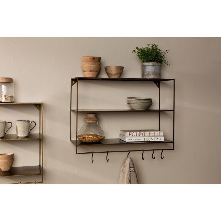 Meghana Brass Wall Shelf with Hooks from Accessories for the Home Meghana Brass Wall Shelf with Hooks from Accessories for the Home