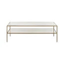 The Nakuru Brass and Glass Coffee Table in Rectangular shown from the front, displaying a wide glass shelf for storage
