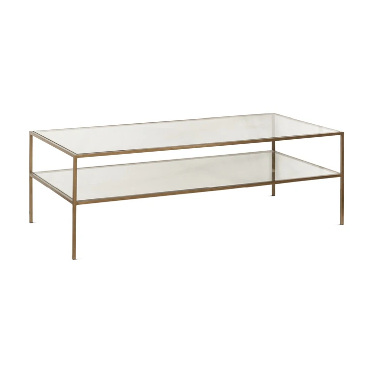 Nakuru Brass and Glass Rectangular Coffee Table from Accessories for the Home shown slightly from the side.