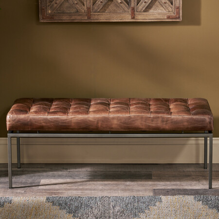Leather bench with tan brown upholstered seat and solid iron frame 2