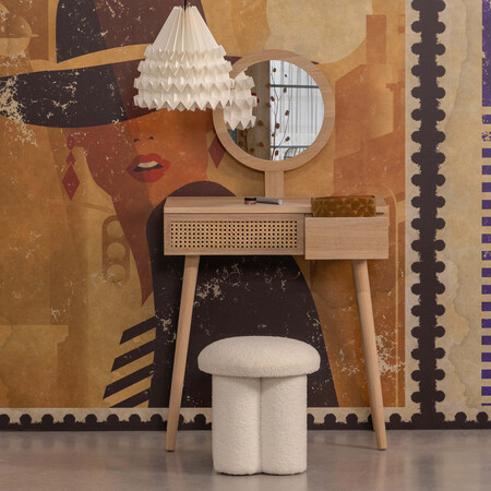 Pine and mdf small Scandi dressing table with a round mirror and rattan drawer 2