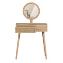 Pine and mdf small Scandi dressing table with a round mirror and rattan drawer