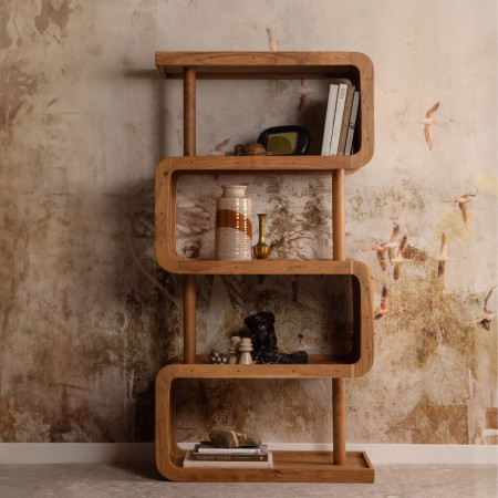 Acacia wood shelving unit with an snake-like or S shape and four main shelves for books and decor