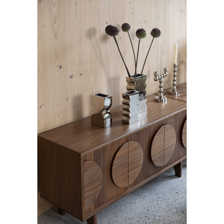 Zuiver Groove Large Walnut Sideboard displaying a vase and decor Zuiver Groove Large Walnut Sideboard displaying a vase and decor