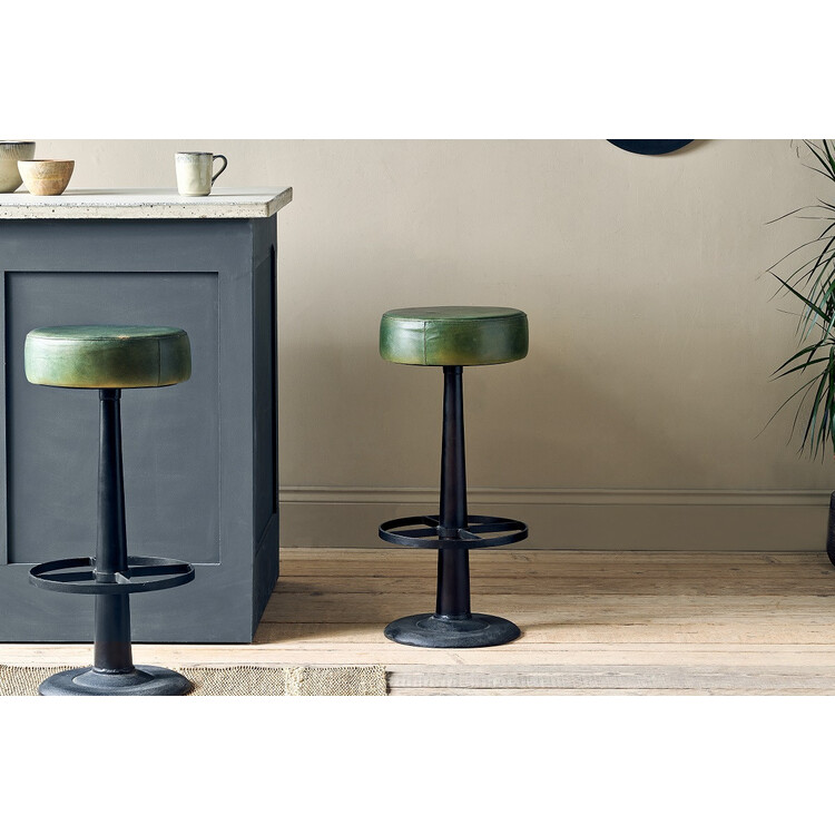 Leather and Iron Bar Stool in Chocolate Brown or Rich Green from Accessories for the Home Leather and Iron Bar Stool in Chocolate Brown or Rich Green from Accessories for the Home