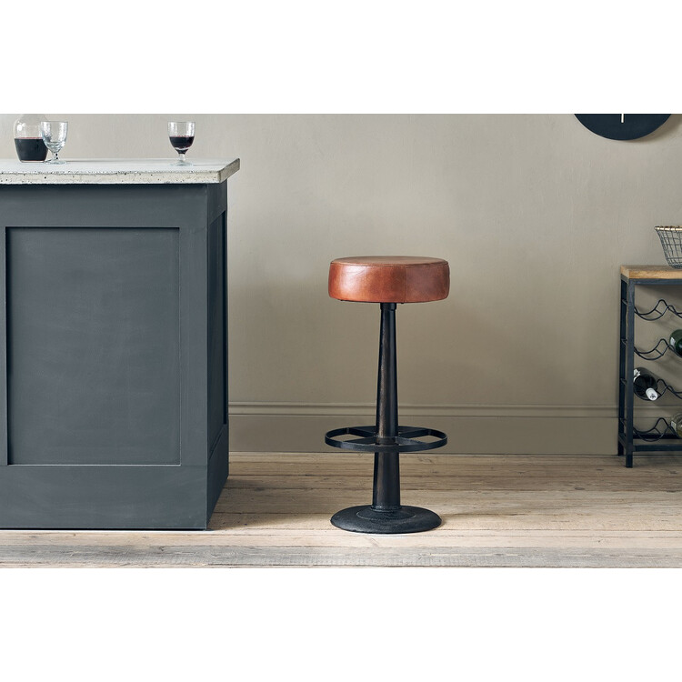 Leather and Iron Bar Stool in Chocolate Brown or Rich Green from Accessories for the Home