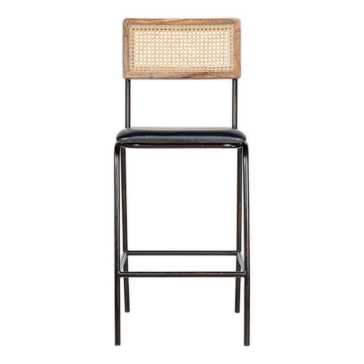 Iswa Aged Black Leather and Rattan Counter Stool from Accessories for the Home