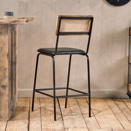 Iswa Aged Black Leather and Rattan Counter Stool from Accessories for the Home 2