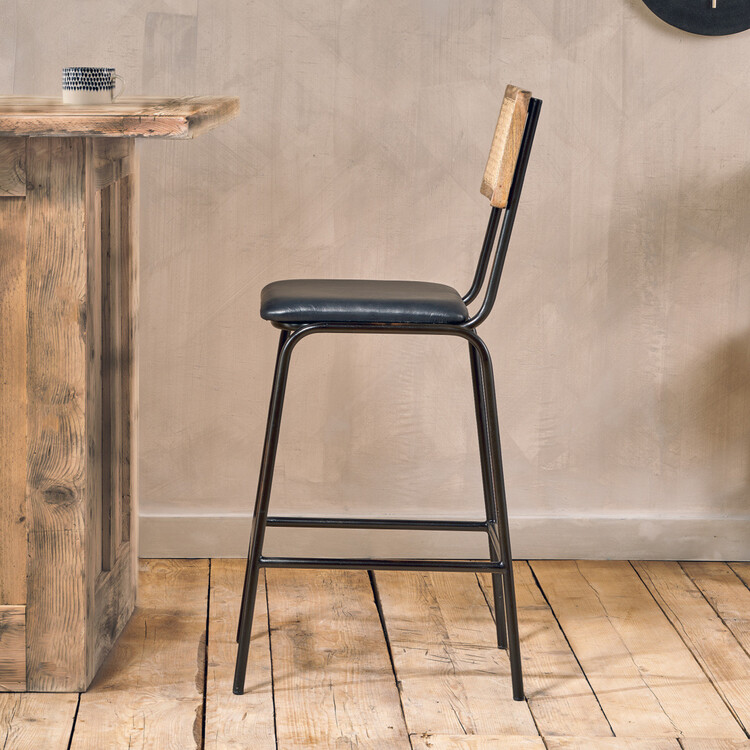 Iswa Aged Black Leather and Rattan Counter Stool from Accessories for the Home