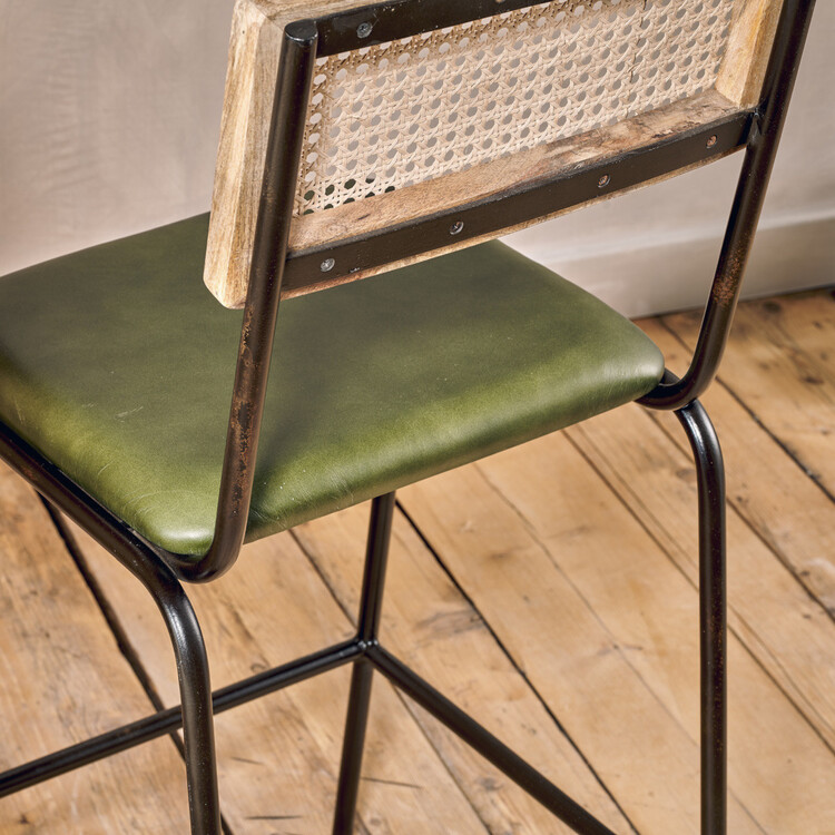 Iswa Rich Green Leather and Rattan Counter Stool from Accessories for the Home Iswa Rich Green Leather and Rattan Counter Stool from Accessories for the Home