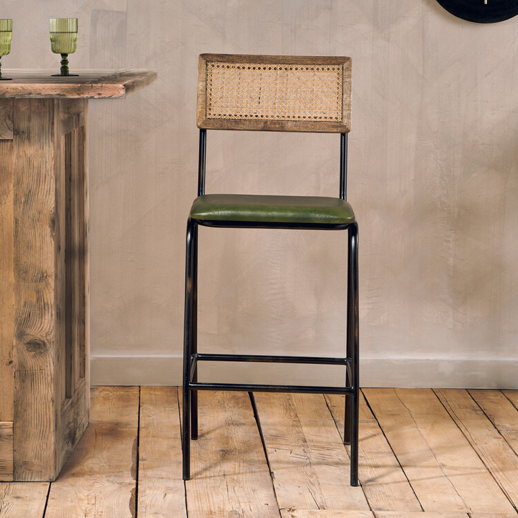 Iswa Rich Green Leather and Rattan Counter Stool from Accessories for the Home Iswa Rich Green Leather and Rattan Counter Stool from Accessories for the Home