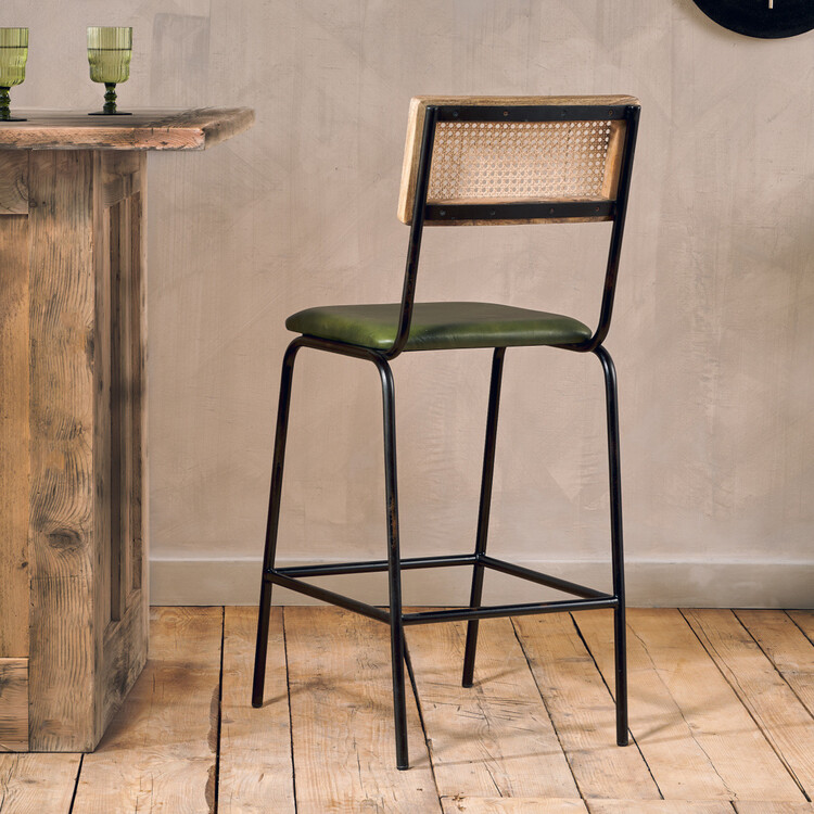Iswa Rich Green Leather and Rattan Counter Stool from Accessories for the Home Iswa Rich Green Leather and Rattan Counter Stool from Accessories for the Home