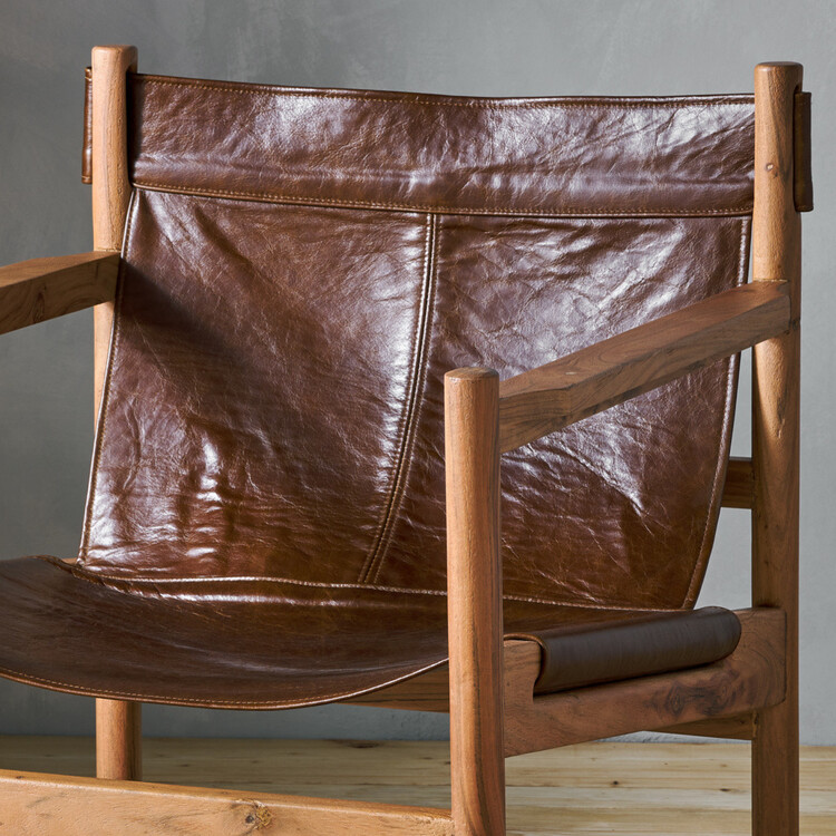 Dalibar Tan Leather and Acacia Wood Lounger from Accessories for the Home