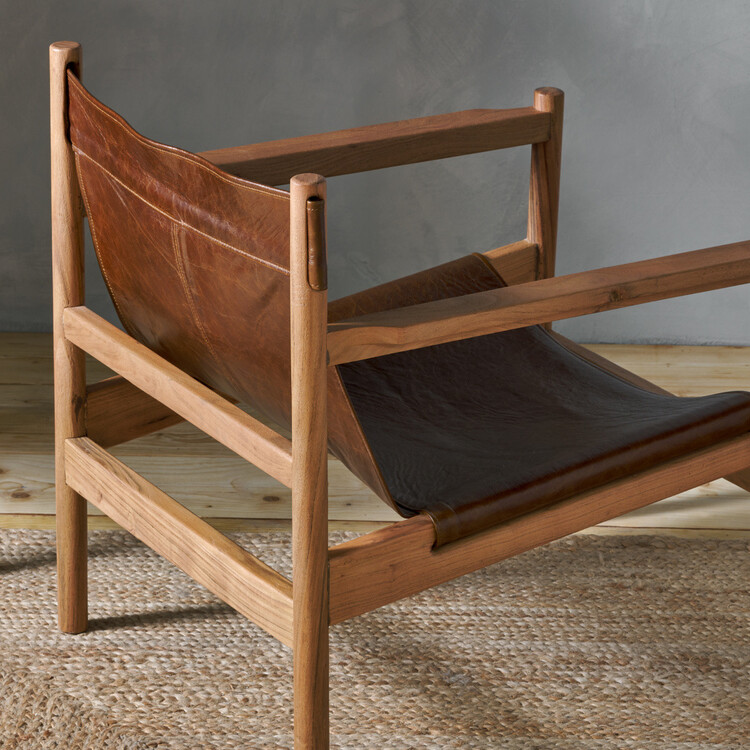 Dalibar Tan Leather and Acacia Wood Lounger from Accessories for the Home