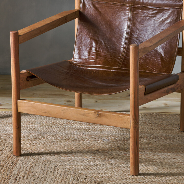 Dalibar Tan Leather and Acacia Wood Lounger from Accessories for the Home