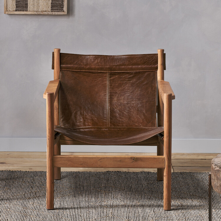 Dalibar Tan Leather and Acacia Wood Lounger from Accessories for the Home