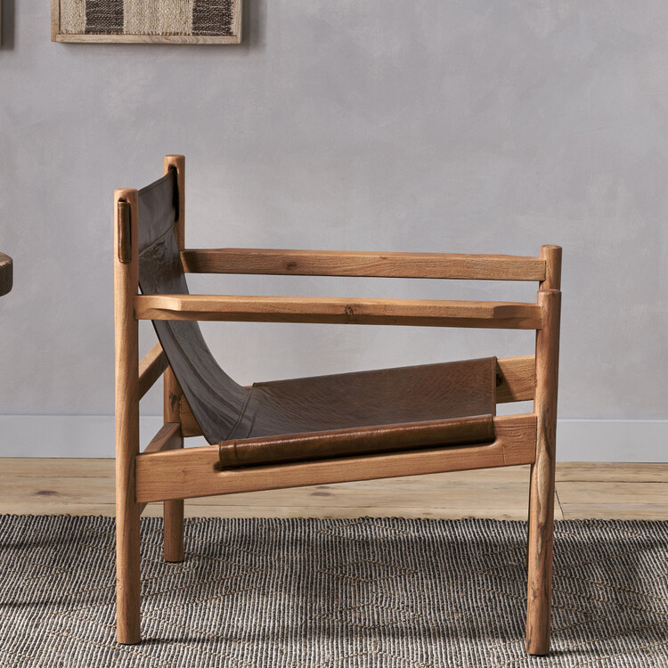 Dalibar Tan Leather and Acacia Wood Lounger from Accessories for the Home