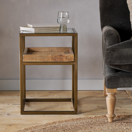 Living room side table or bedside table with a glass top, mango wood storage shelf and a brass frame 2