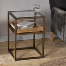 Living room side table or bedside table with a glass top, mango wood storage shelf and a brass frame
