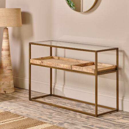 Brass and glass console table with a mango wood shelf for storage and display 2