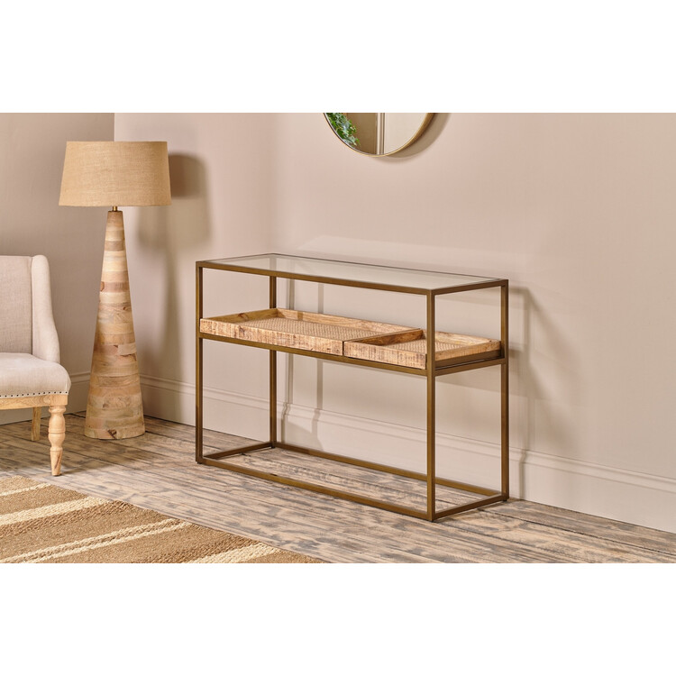Luzon Brass & Mango Wood Display Console Table from Accessories for the Home Luzon Brass & Mango Wood Display Console Table from Accessories for the Home
