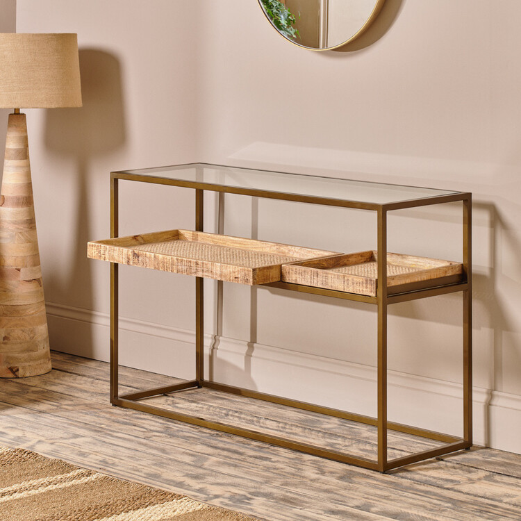 Luzon Brass & Mango Wood Display Console Table from Accessories for the Home Luzon Brass & Mango Wood Display Console Table from Accessories for the Home