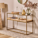 Brass and glass console table with a mango wood shelf for storage and display