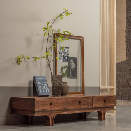 Mango wood TV unit with three drawers and a low profile 2