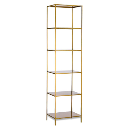Slim narrow shelving unit with a thin brass frame and five shelves for displaying books, plants and decor 2