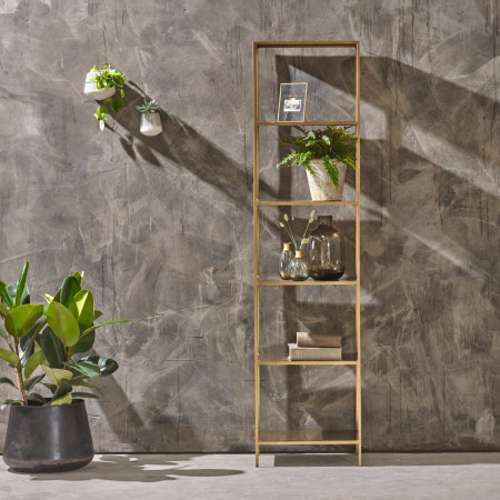 Slim narrow shelving unit with a thin brass frame and five shelves for displaying books, plants and decor