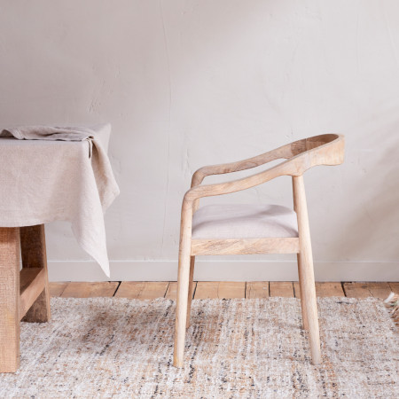Mango wood dining chair with a pale natural finish and a linen upholstered seat 2