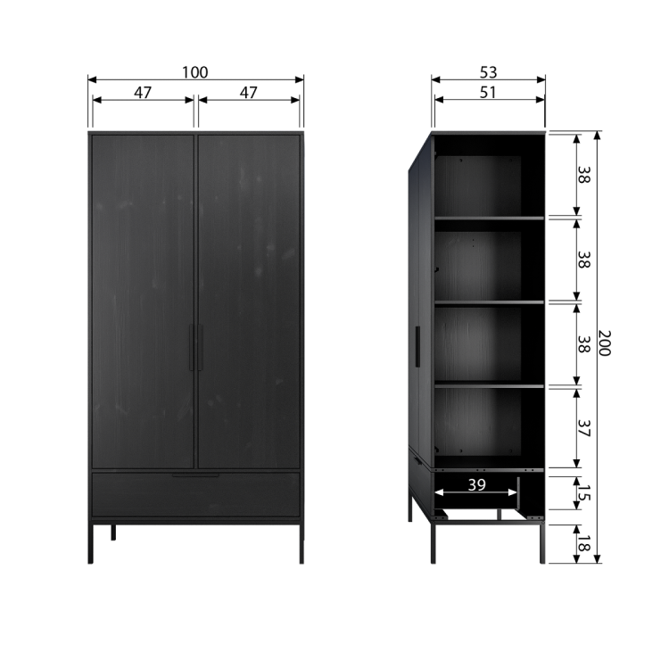 Woood Adam 2 Door Pine Wardrobe - Black from Accessories for the Home