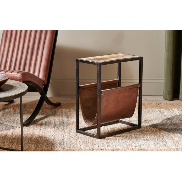Alera Iron & Leather Side Table with Magazine Holder from Accessories for the Home