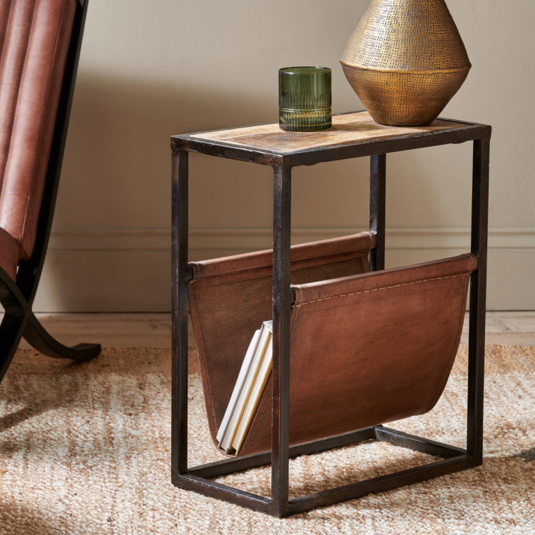 Alera Iron & Leather Side Table with Magazine Holder from Accessories for the Home