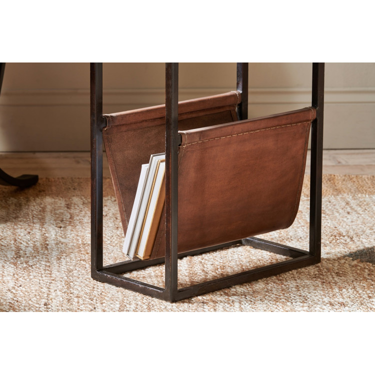 Alera Iron & Leather Side Table with Magazine Holder from Accessories for the Home