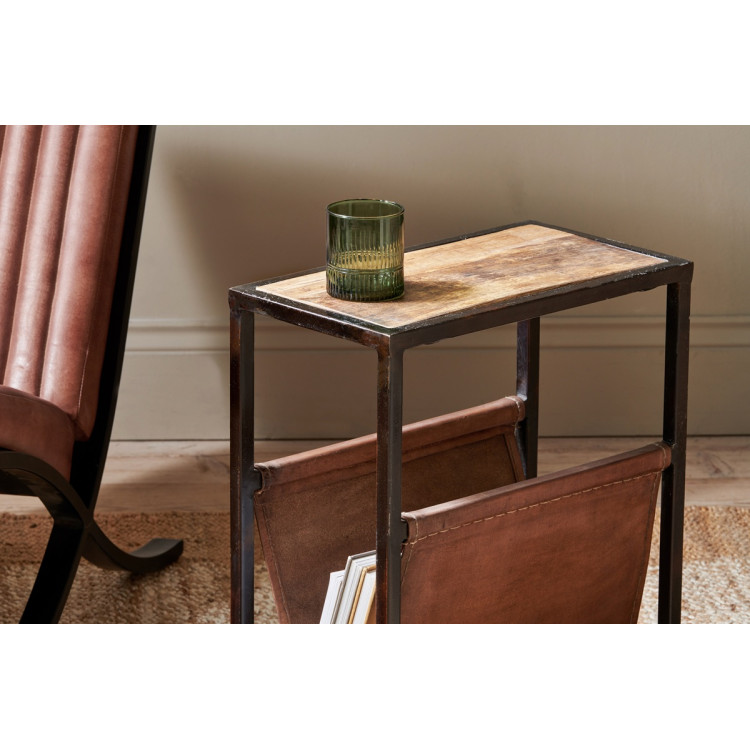 Alera Iron & Leather Side Table with Magazine Holder from Accessories for the Home