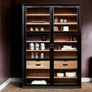 Black wood display cabinet with glass doors, 8 shelves and four drawer compartments