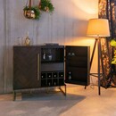 Dark wood drinks cabinet sideboard with gold handles and legs and a retro herringbone pattern in a living/dining room