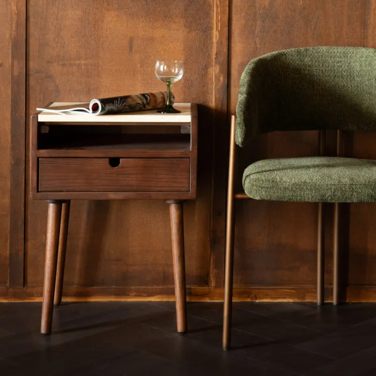 Mid century modern side table and green chair