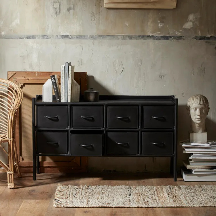 Nordal Portland 8-Drawer Black Iron Console