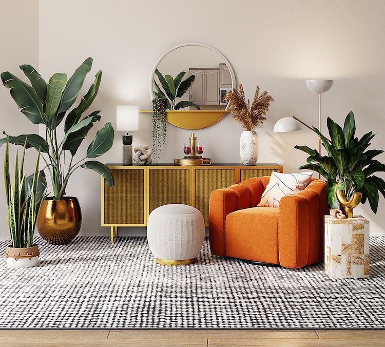 Black stripe pattern carpet and orange armchair in a living room